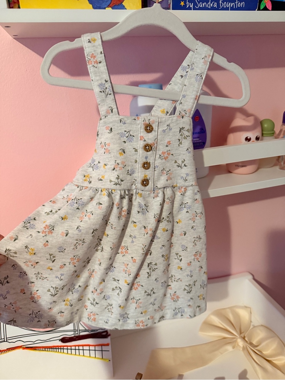 Carter's Light Gray Floral Overall Dress with Rosé & Yellow Accents